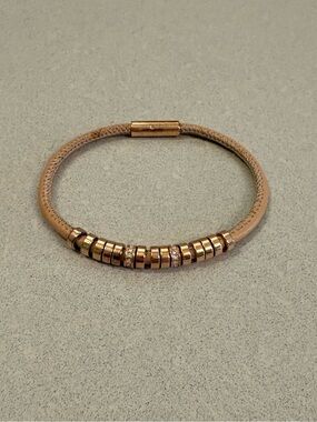 Fossil Tan Leather Bracelet with Gold Bead Accents